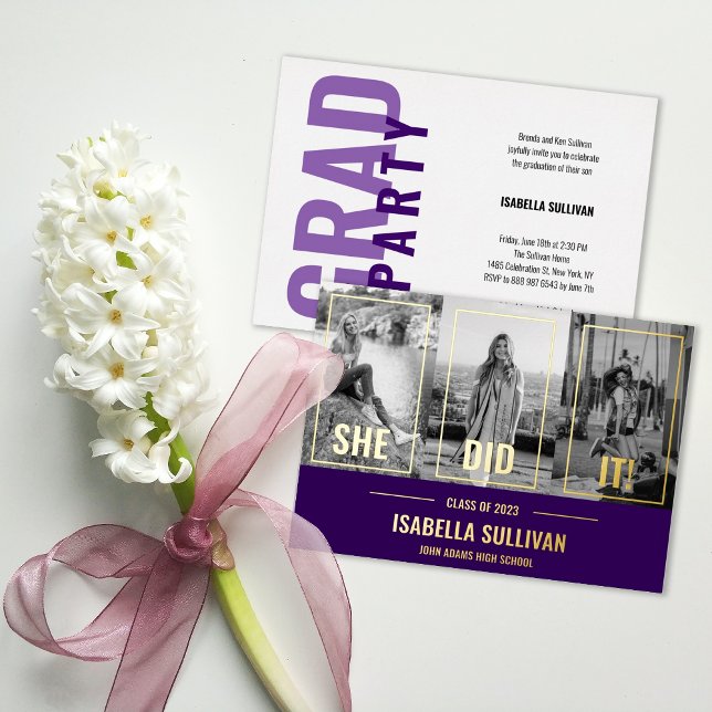 She Did It Modern Photo Grad Party Foil Invite  (Creator Uploaded)