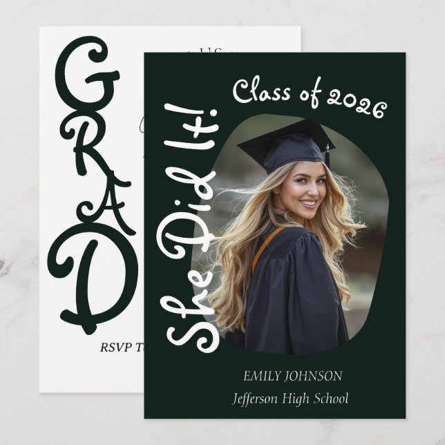 She Did It! Modern Photo Graduation Party  Invitation (Front/Back)