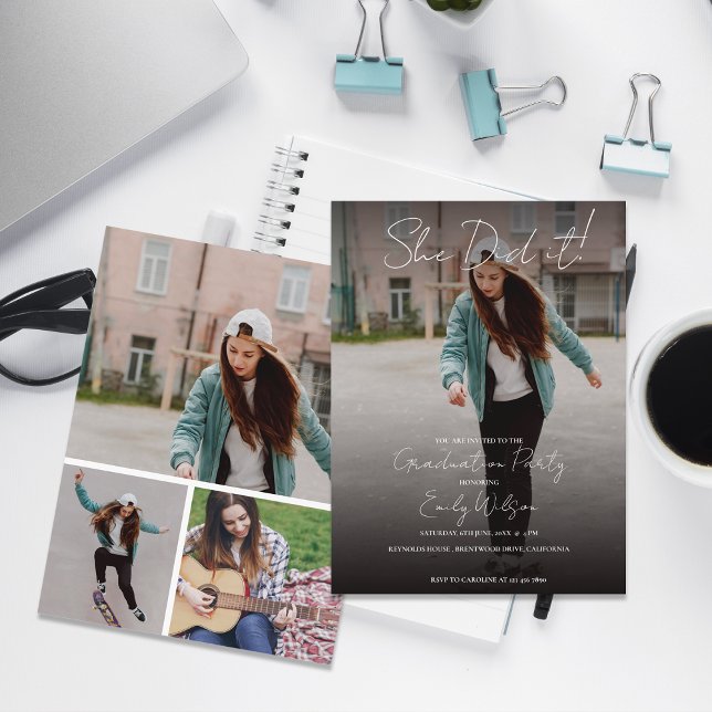 She Did It Multi Photo Graduation Party Invitation Postcard (She Did It Modern Photo Graduation Party Invitation Postcard | Multi Photo Grad Party )
