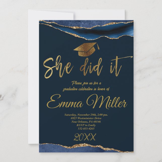 She Did It - Navy And Gold Graduation Party Invitation (Front)