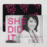 She Did It Neon Light Graduation Party Invitation