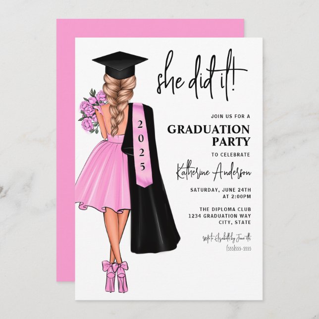 She Did It Pink Graduation Party Invitation (Front/Back)