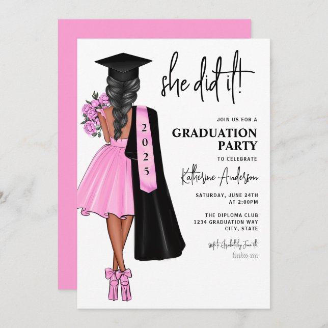 She Did It Pink Graduation Party Invitation (Front/Back)