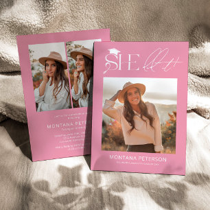 She Did It Pink & White 3 Photo Graduation Party Invitation