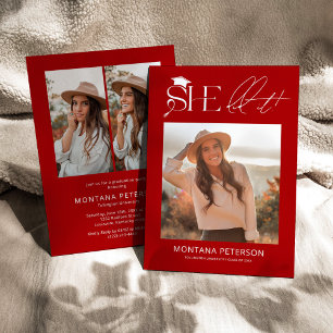 She Did It Red & White 3 Photo Graduation Party Invitation