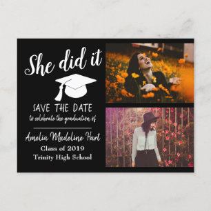 She Did It Save The Date Graduation Photo Black Postcard