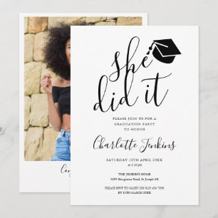 She Did It Script Cap Photo Graduation Party Invitation