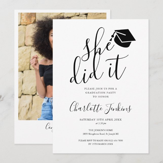 She Did It Script Cap Photo Graduation Party Invitation (Front/Back)