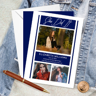 She Did It Simple Minimalist Blue Graduation  Announcement