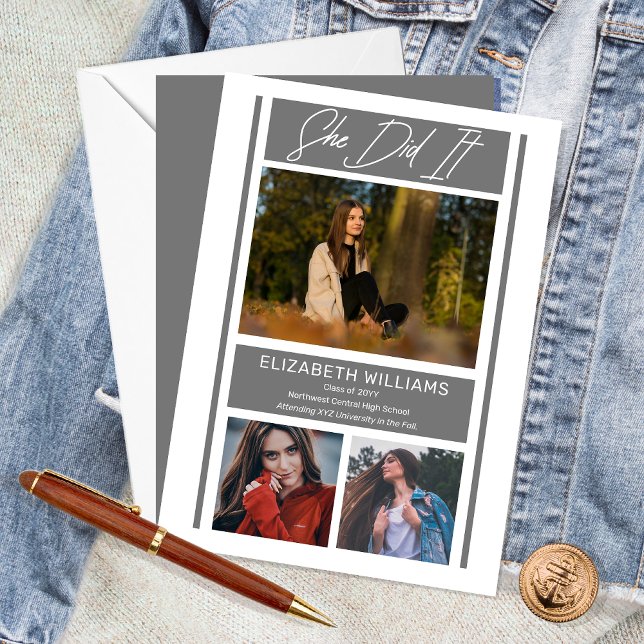 She Did It Simple Minimalist Grey Graduation Announcement ("She Did It" Simple Minimalist 3 Photo Collage Gray | White Graduation Announcement - Print Digital)