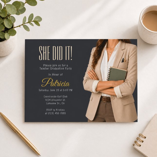 She Did It Teacher Graduation Invite (Elegant teacher graduation invitation with modern minimalist neutral design)