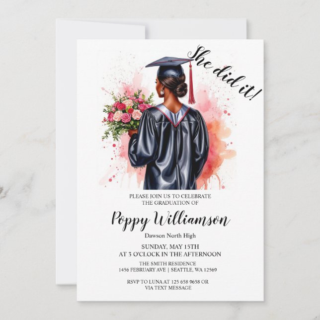 She Did It Watercolor Graduation  Invitation (Front)