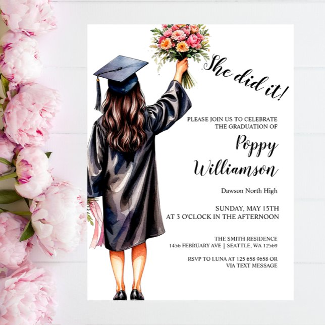 She Did It Watercolor Graduation  Invitation (Creator Uploaded)