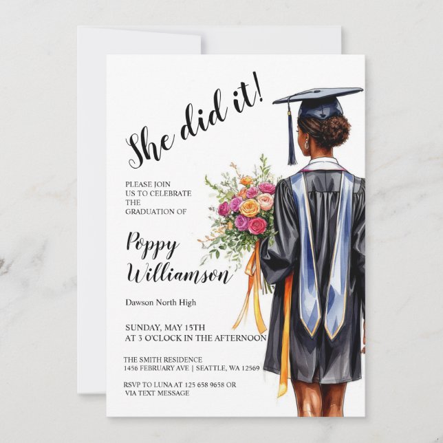 She Did It Watercolor Graduation  Invitation (Front)