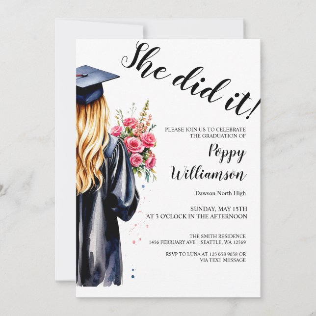 She Did It Watercolor Graduation  Invitation (Front)