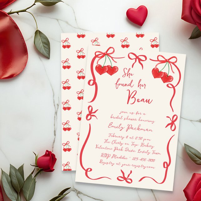 She found her Beau Bows and Cherries Bridal Shower Invitation (Bridal Shower invitation from the Valentines Bridal Shower Invitation collection by Darling & May)