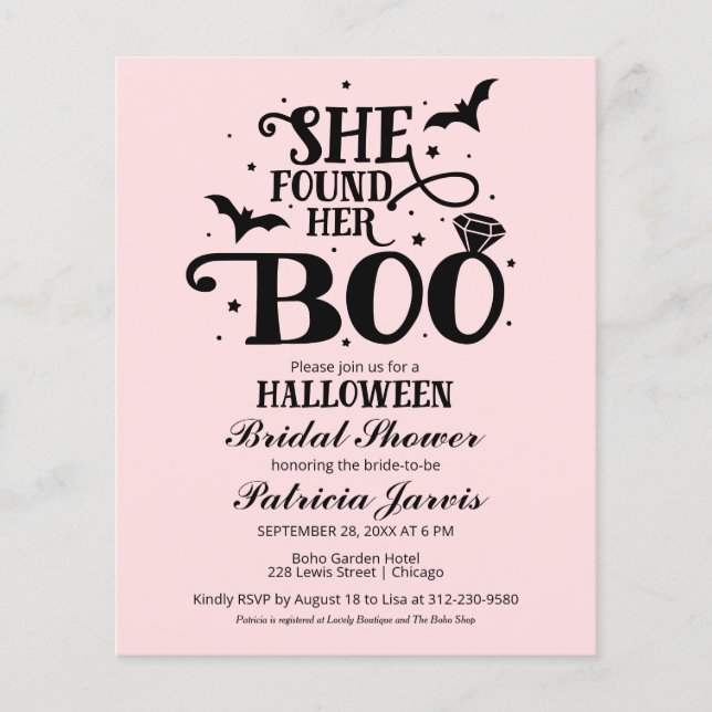 She Found Her Boo Bridal Shower Budget Invitations (Front)