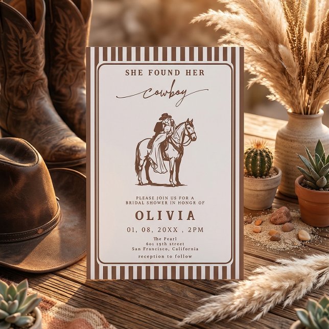 She Found Her Cowboy Western Striped Bridal shower Invitation (Creator Uploaded)