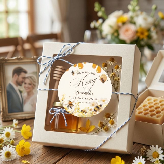 She found her honey Bee bridal shower Classic Round Sticker (Creator Uploaded)