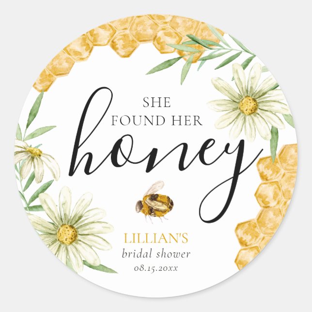 She Found Her Honey Bee Daisy Floral Bridal Shower Classic Round Sticker (Front)