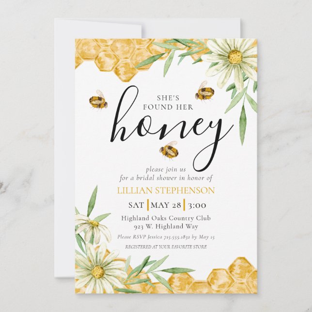 She Found Her Honey Bee Themed Daisy Bridal Shower Invitation (Front)
