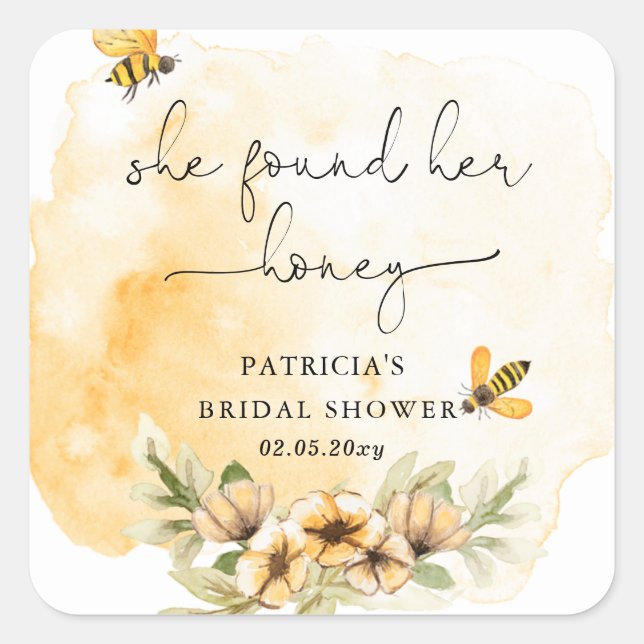 She Found Her Honey Floral Bee Bridal Shower Square Sticker (Front)