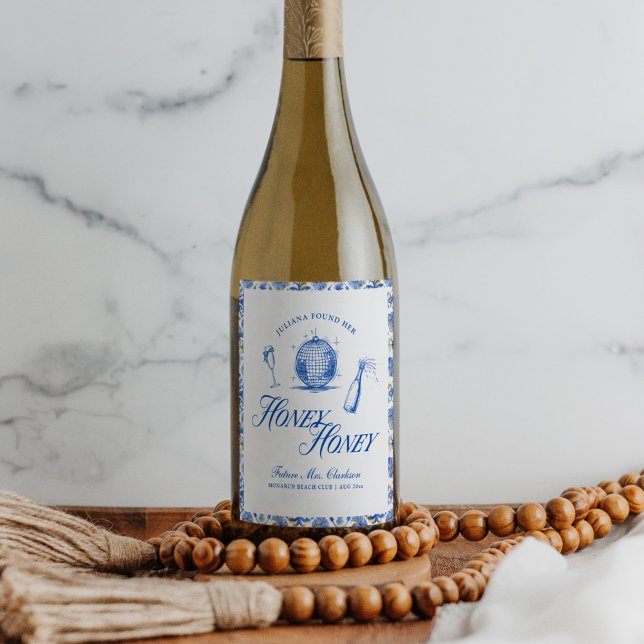 She Found Her Honey Honey Blue Greece Bachelorette Wine Label (Creator Uploaded)