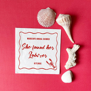 She Found Her Lobster Red and White Bridal Shower Napkin