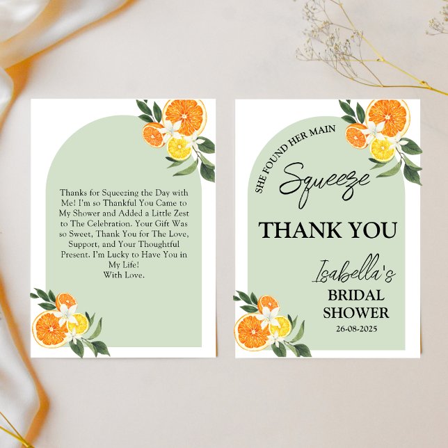 She Found Her Main Bridal Shower Citrus Lemon  Thank You Card (She Found Her Main Squeeze” Citrus Lemon Bridal Shower  lemons, watercolor greenery, summer fruit)
