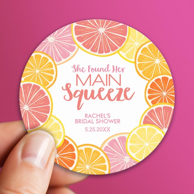 She Found Her Main Squeeze Bridal Shower Classic Round Sticker (Custom Sticker)