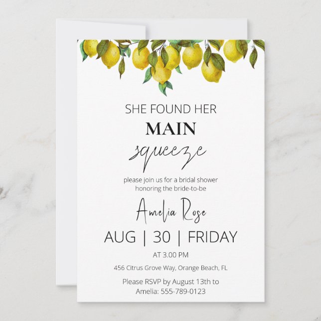 she found her main squeeze bridal shower invitation (Front)