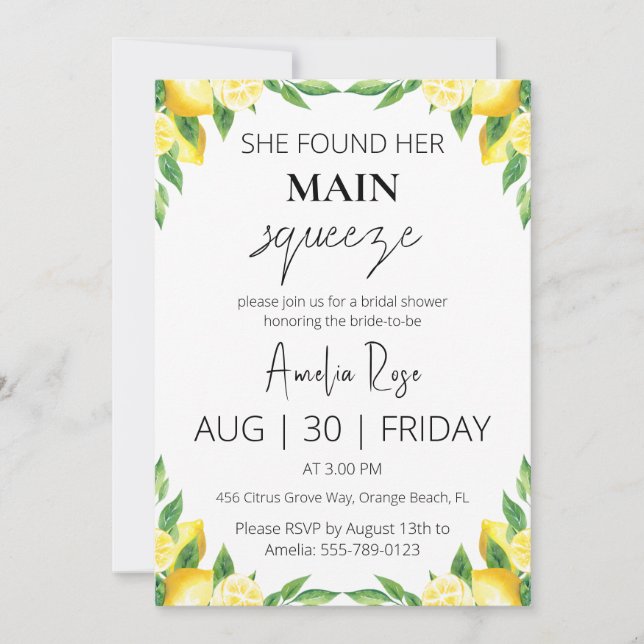she found her main squeeze bridal shower invitation (Front)