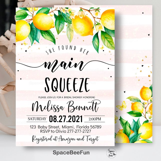 She Found Her Main Squeeze Bridal Shower Invites (main squeeze bridal,bridal shower,bridal shower brunch,bridal invitation,lemonade bridal,she found h)