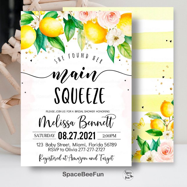 She Found Her Main Squeeze Bridal Shower Invites (main squeeze bridal,bridal shower,bridal shower brunch,bridal invitation,lemonade bridal,she found h)