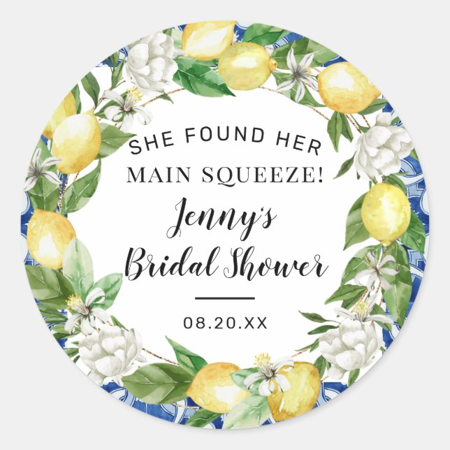 She Found Her Main Squeeze Lemon Bridal Shower Cla Classic Round Sticker (Front)