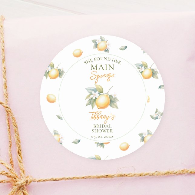 She Found Her Main Squeeze Lemon Bridal Shower Classic Round Sticker (Creator Uploaded)