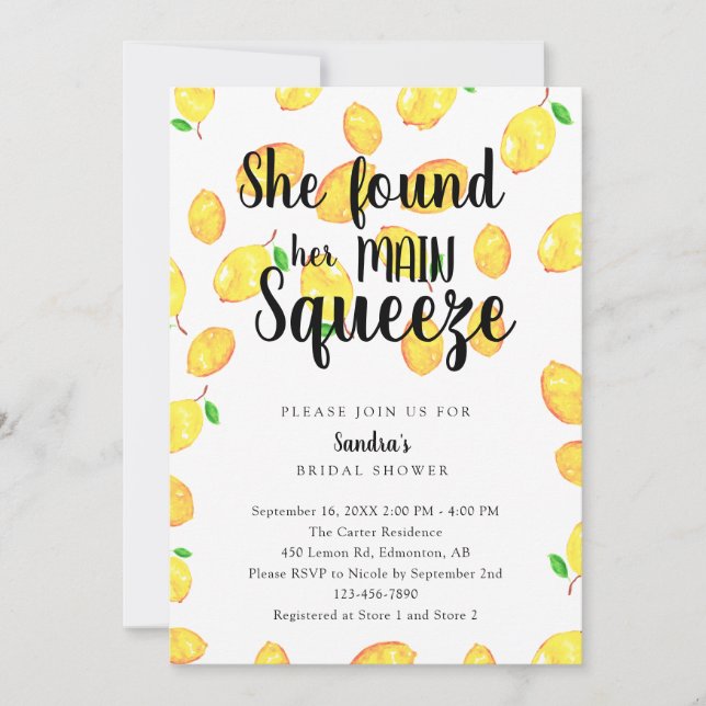 She Found Her Main Squeeze Lemon Bridal Shower  Invitation (Front)