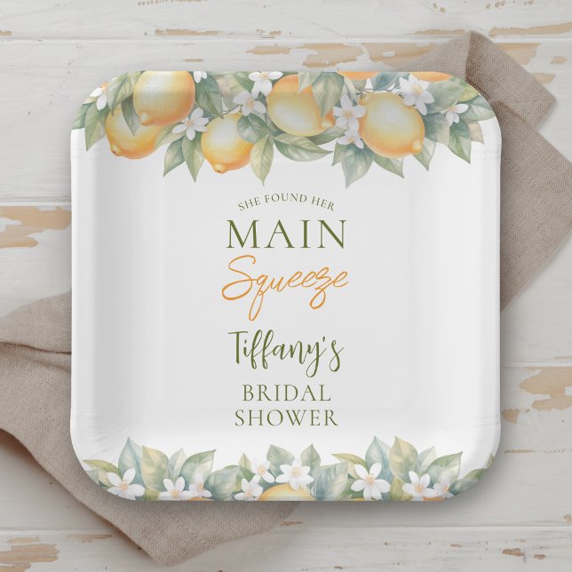 She Found Her Main Squeeze Lemon Bridal Shower Paper Plate (Creator Uploaded)