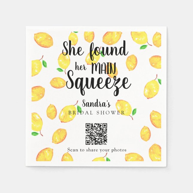 She Found Her Main Squeeze Lemon Bridal Shower QR  Napkin (Front)