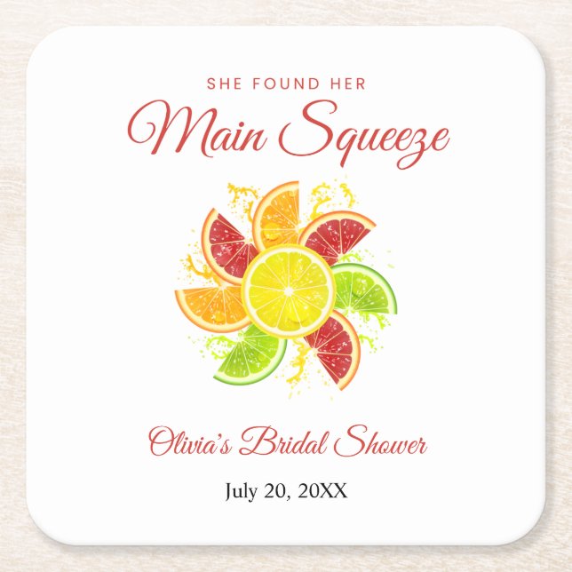 She Found Her Main Squeeze Lemon Bridal Shower  Square Paper Coaster (Front)