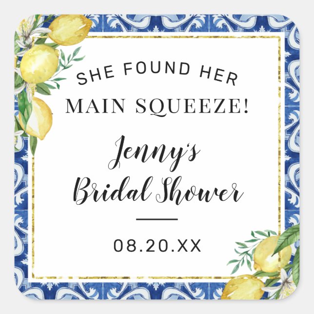 She Found Her Main Squeeze Lemon Bridal Shower Square Sticker (Front)