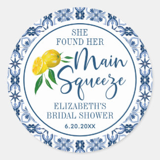 She Found Her Main Squeeze Lemon Italian Blue Tile Classic Round Sticker