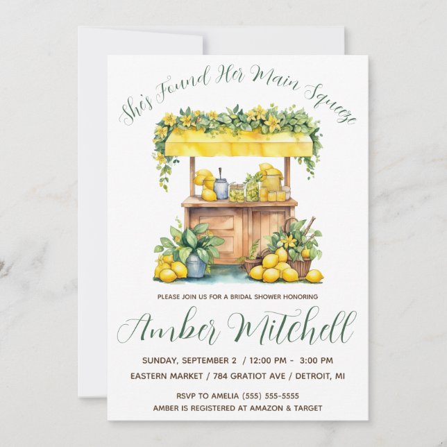 She Found Her Main Squeeze, Lemonade Bridal Shower Invitation (Front)