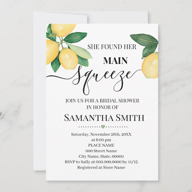 She found her main squeeze, lemons bridal shower invitation (Front)