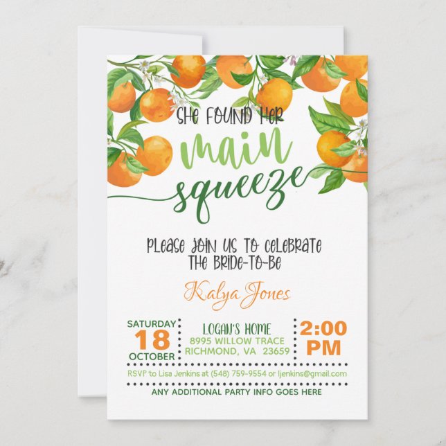 She Found Her Main Squeeze Orange Bridal Shower Invitation (Front)