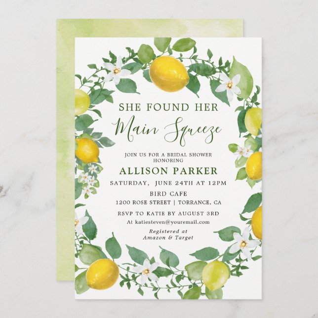 She Found Her Min Squeeze Lemon Bridal Shower Invitation (Front/Back)