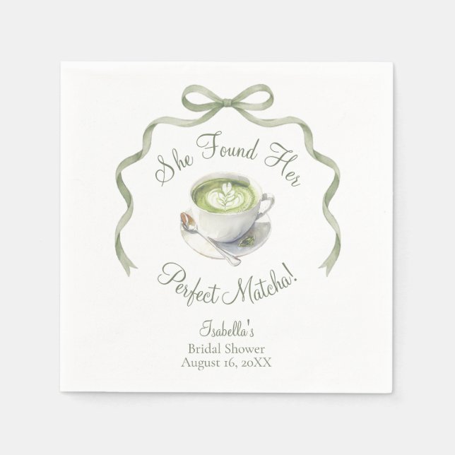 She Found Her Perfect Matcha Bow Bridal Shower Napkin (Front)