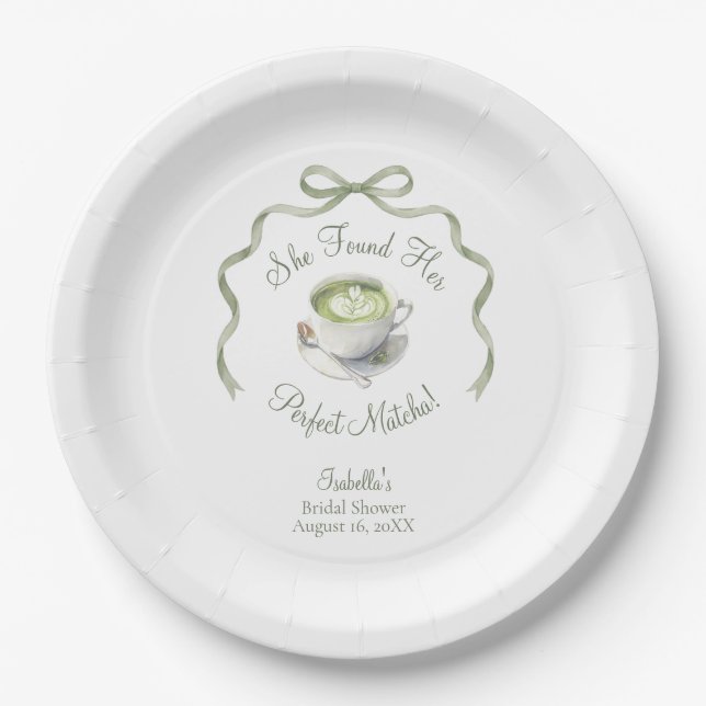 She Found Her Perfect Matcha Bow Bridal Shower Paper Plate (Front)