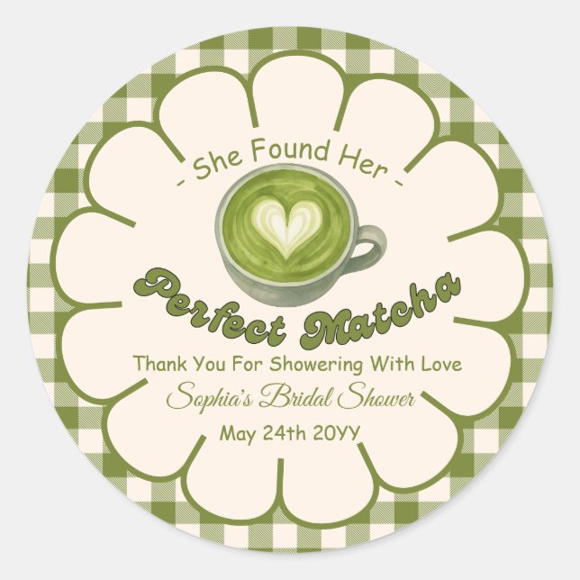  She Found Her Perfect Matcha Bridal Shower  Classic Round Sticker (Front)