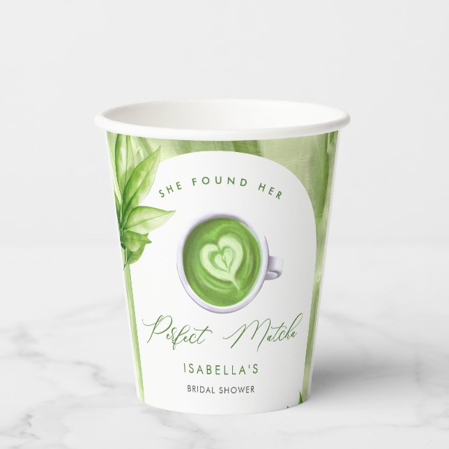 She Found Her Perfect Matcha Elegant Bridal Shower Paper Cups (Front)